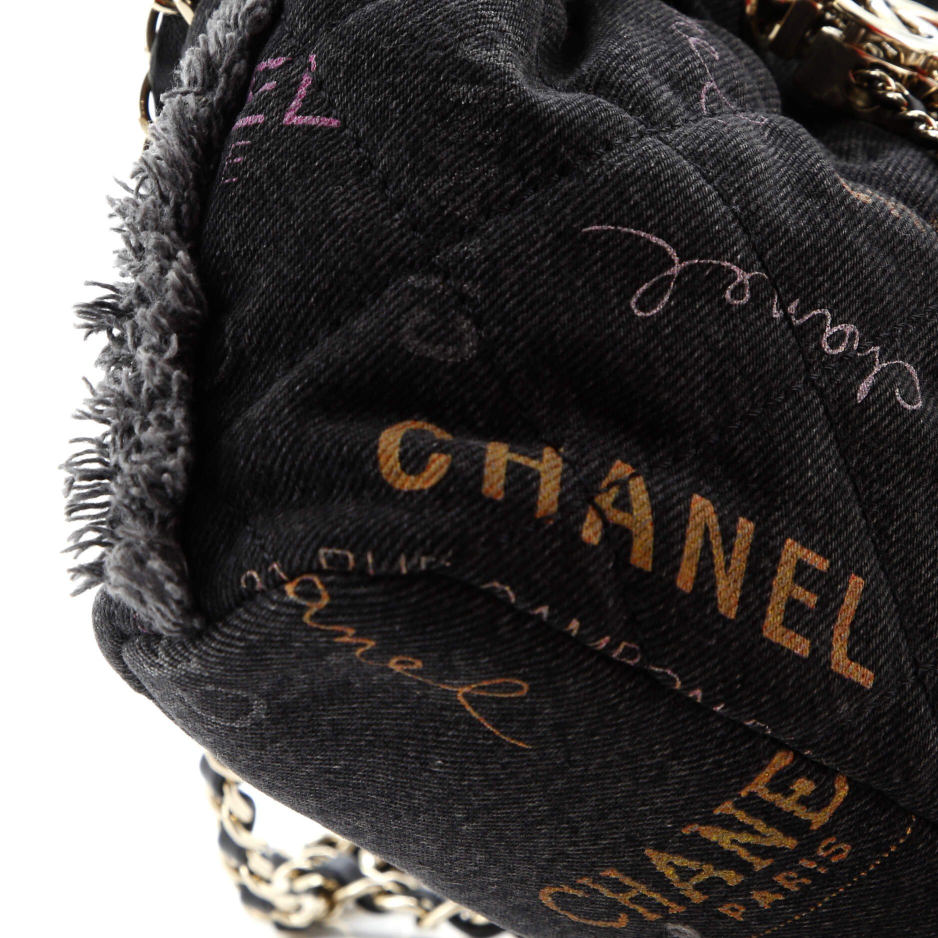 Denim Mood Chain Bucket Bag Logo Printed Quilted Fringe Denim Medium