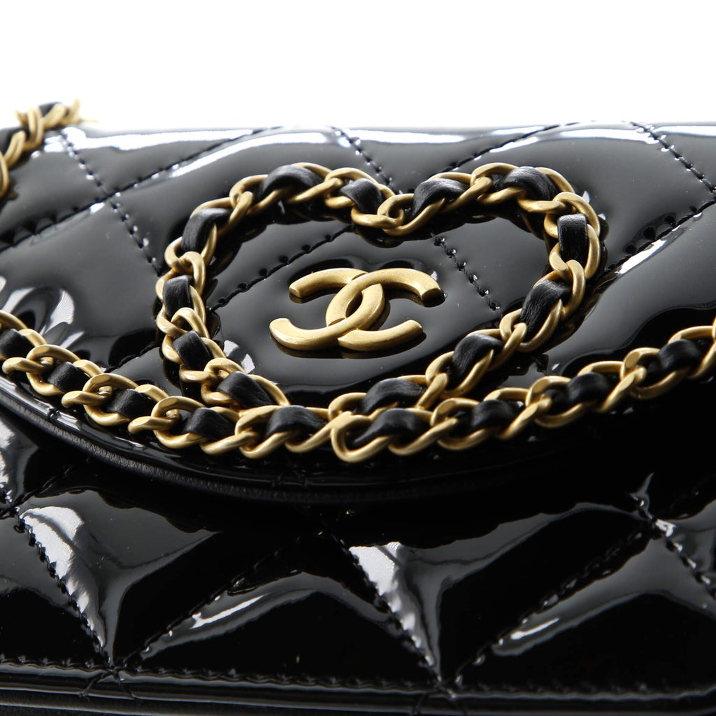 Heart Chain Flap Bag Quilted Patent Mini