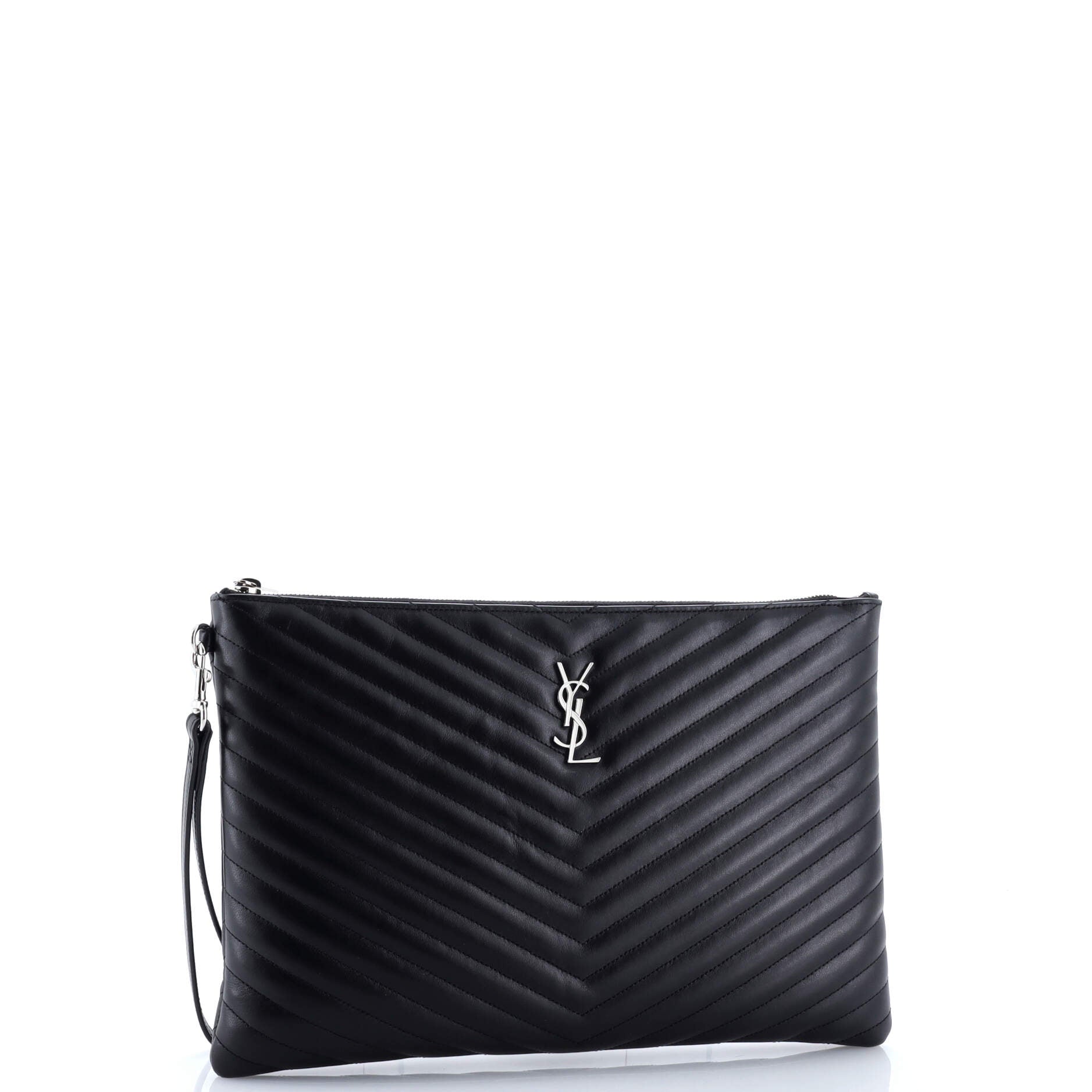 Classic Monogram Wristlet Pouch Matelasse Chevron Leather Large