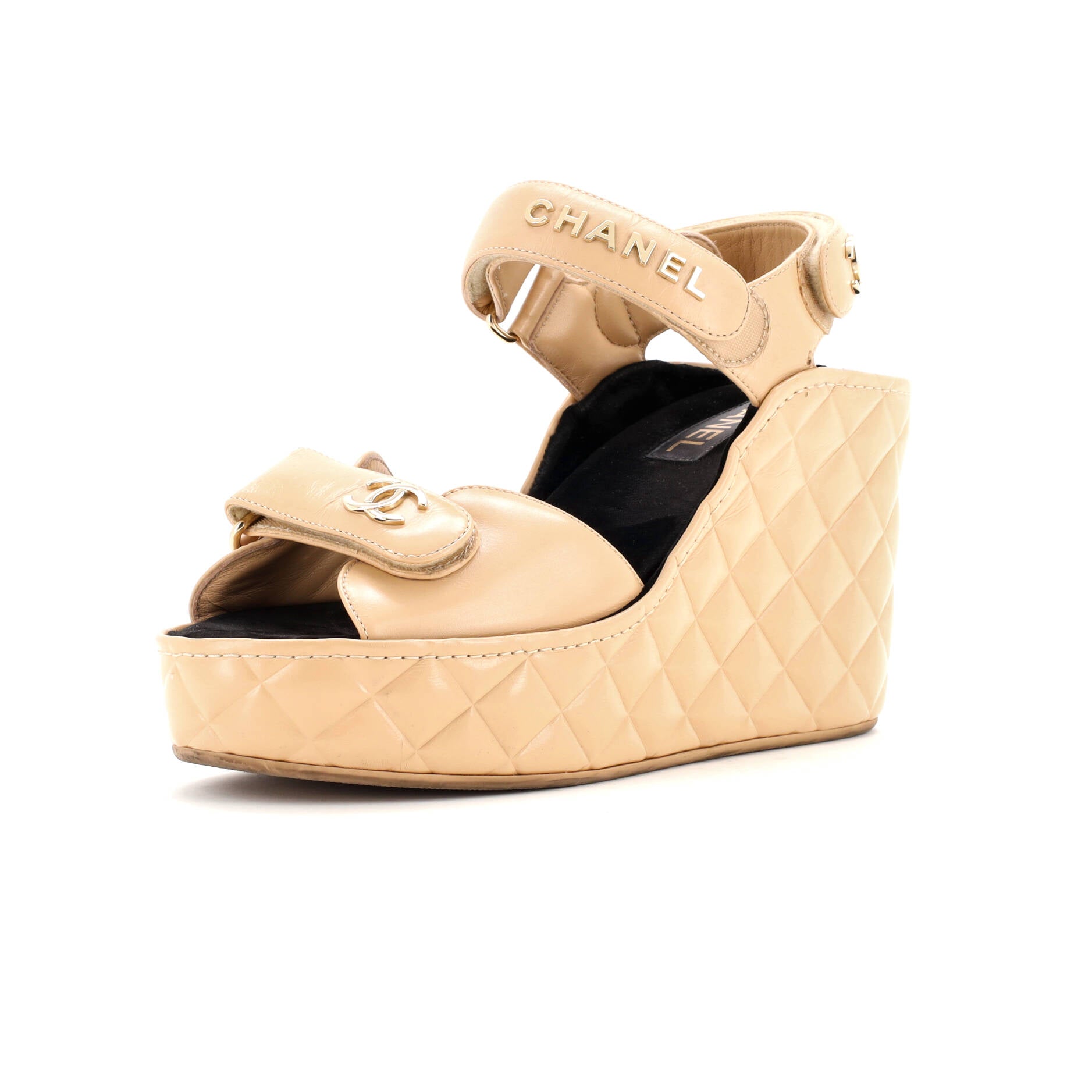 Women's Logo Velcro Strap Wedge Sandals Quilted Leather