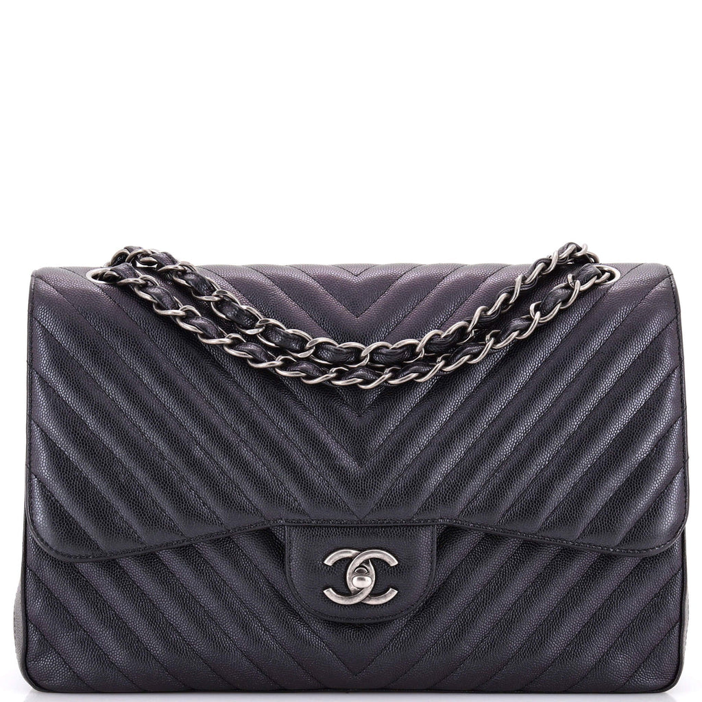 Classic Double Flap Bag Chevron Iridescent Caviar Jumbo