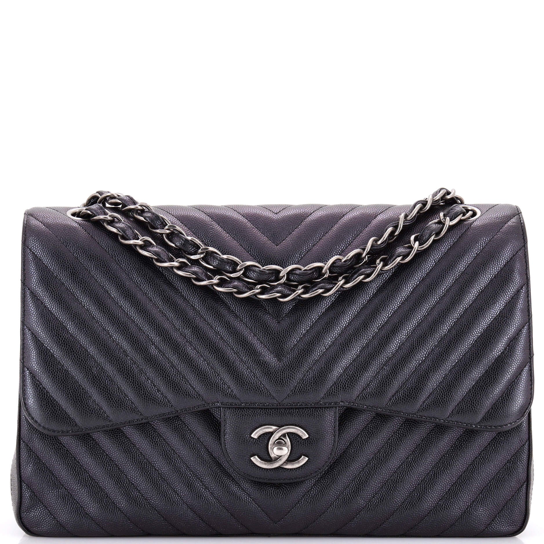 Classic Double Flap Bag Chevron Iridescent Caviar Jumbo