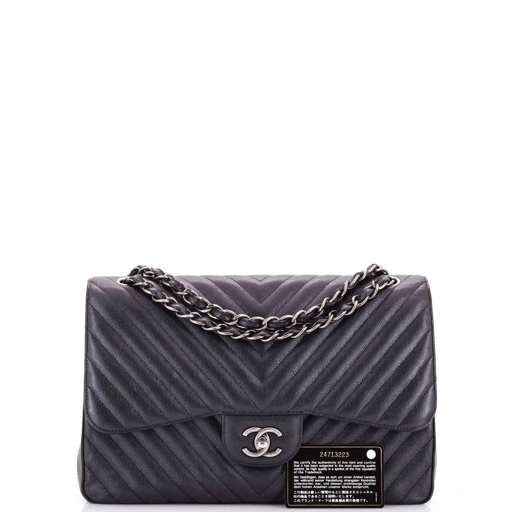 Classic Double Flap Bag Chevron Iridescent Caviar Jumbo