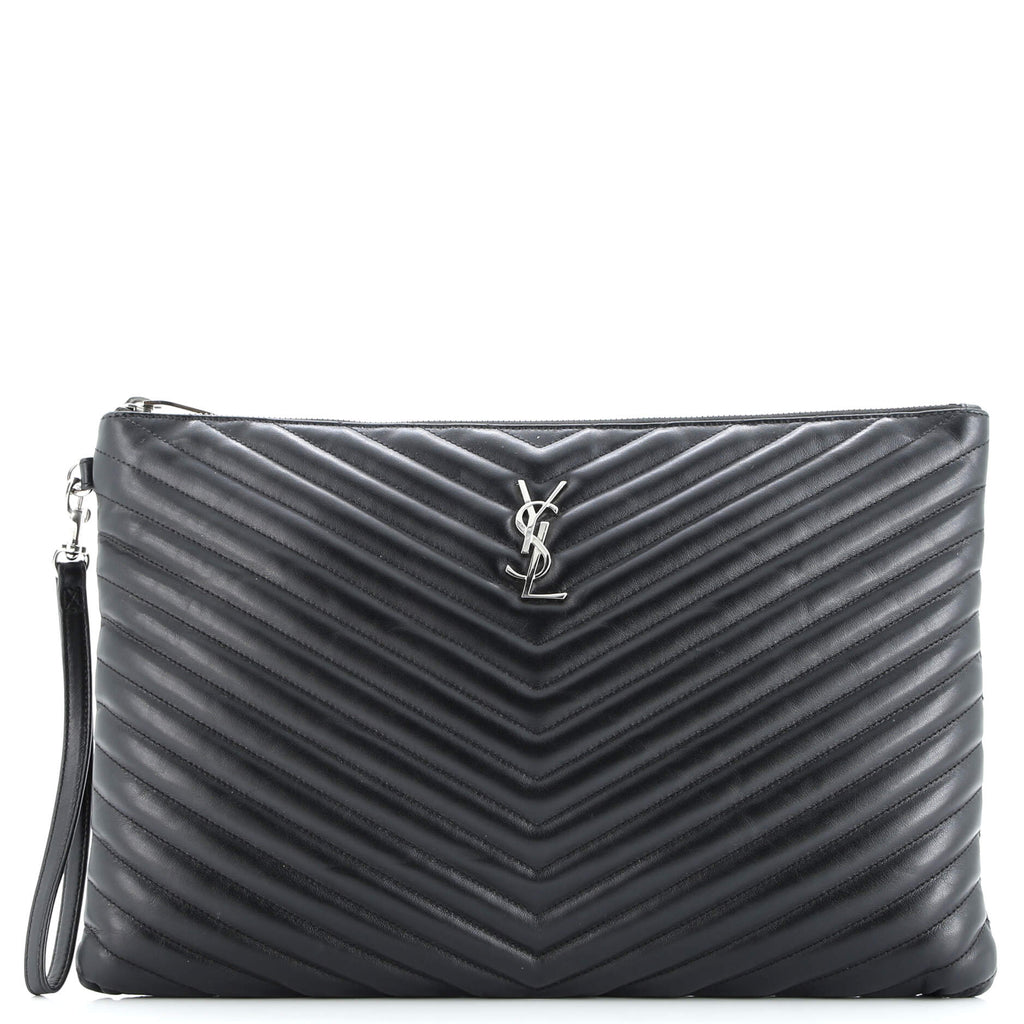 Classic Monogram Wristlet Pouch Matelasse Chevron Leather Large