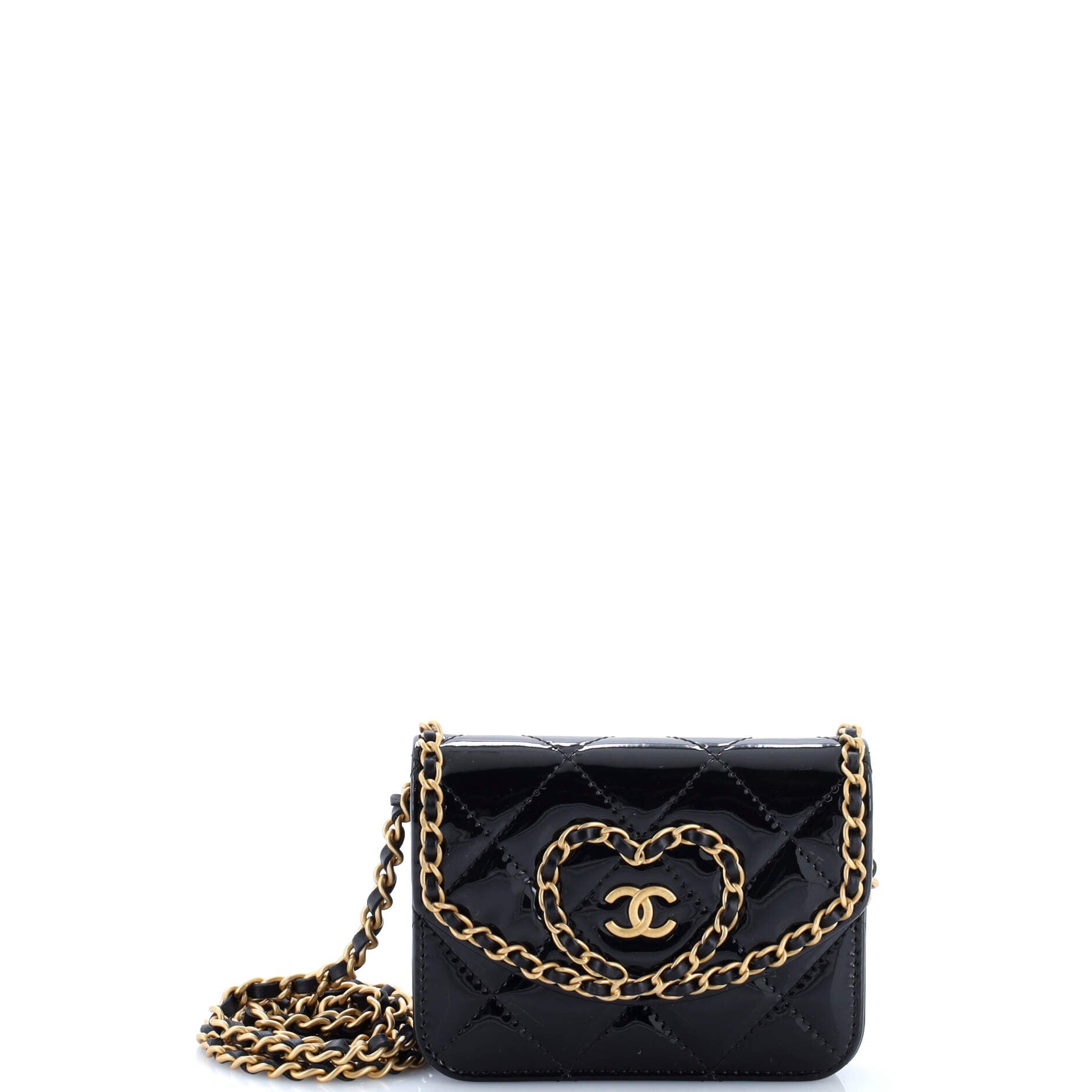 Heart Chain Flap Bag Quilted Patent Mini