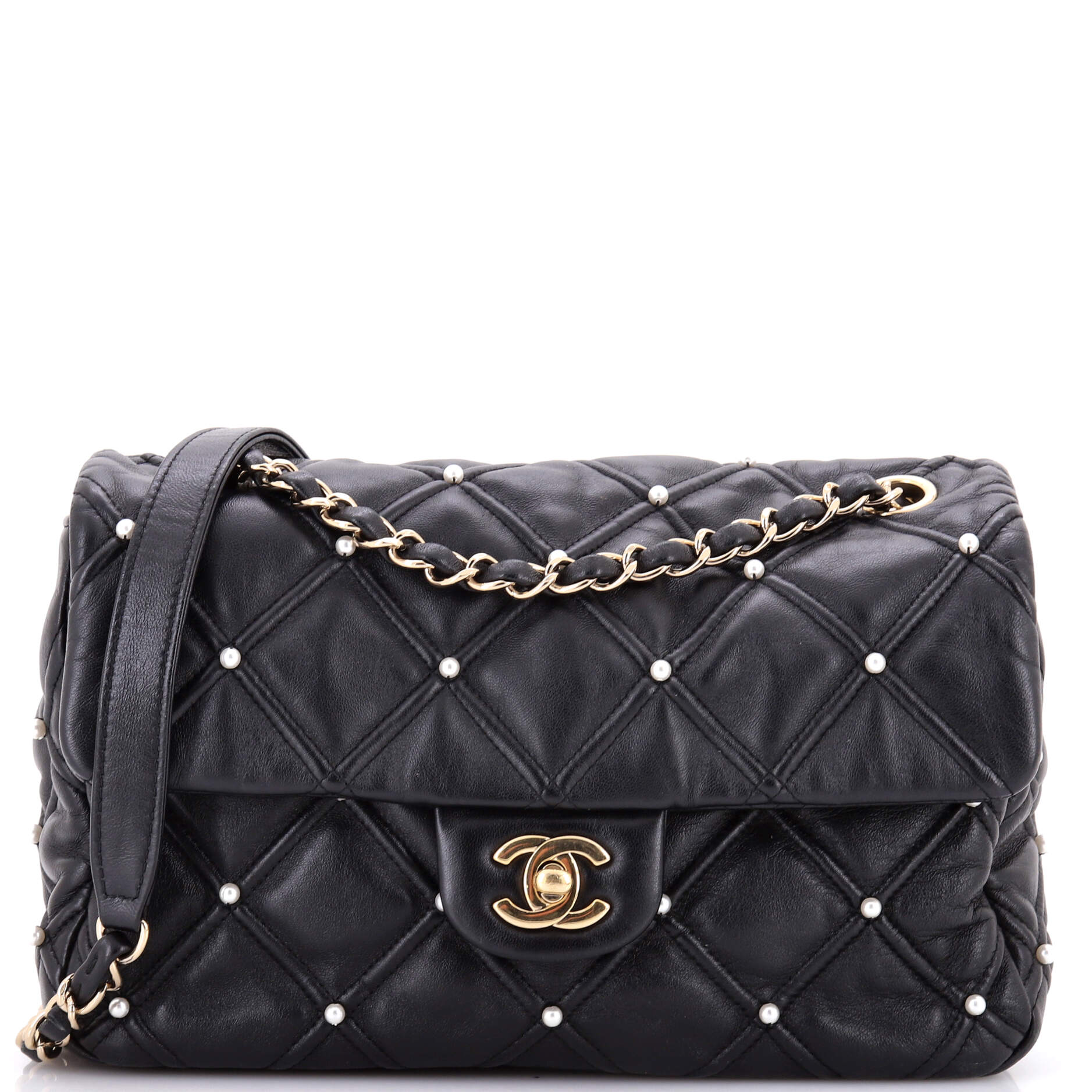 CC Flap Bag Pearl Studded Quilted Lambskin Medium