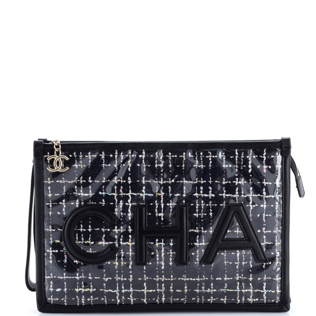 Logo Wristlet Clutch PVC Over Quilted Tweed Large