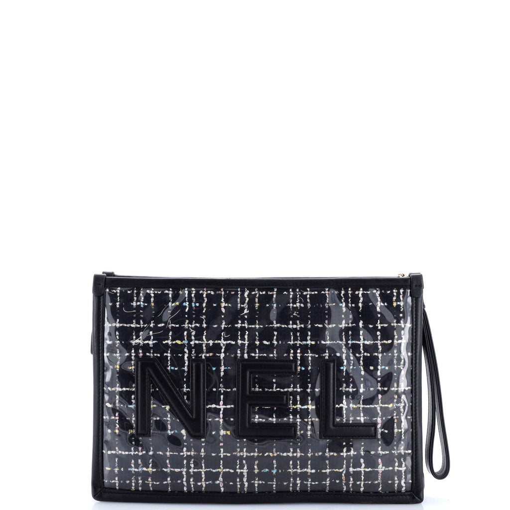 Logo Wristlet Clutch PVC Over Quilted Tweed Large