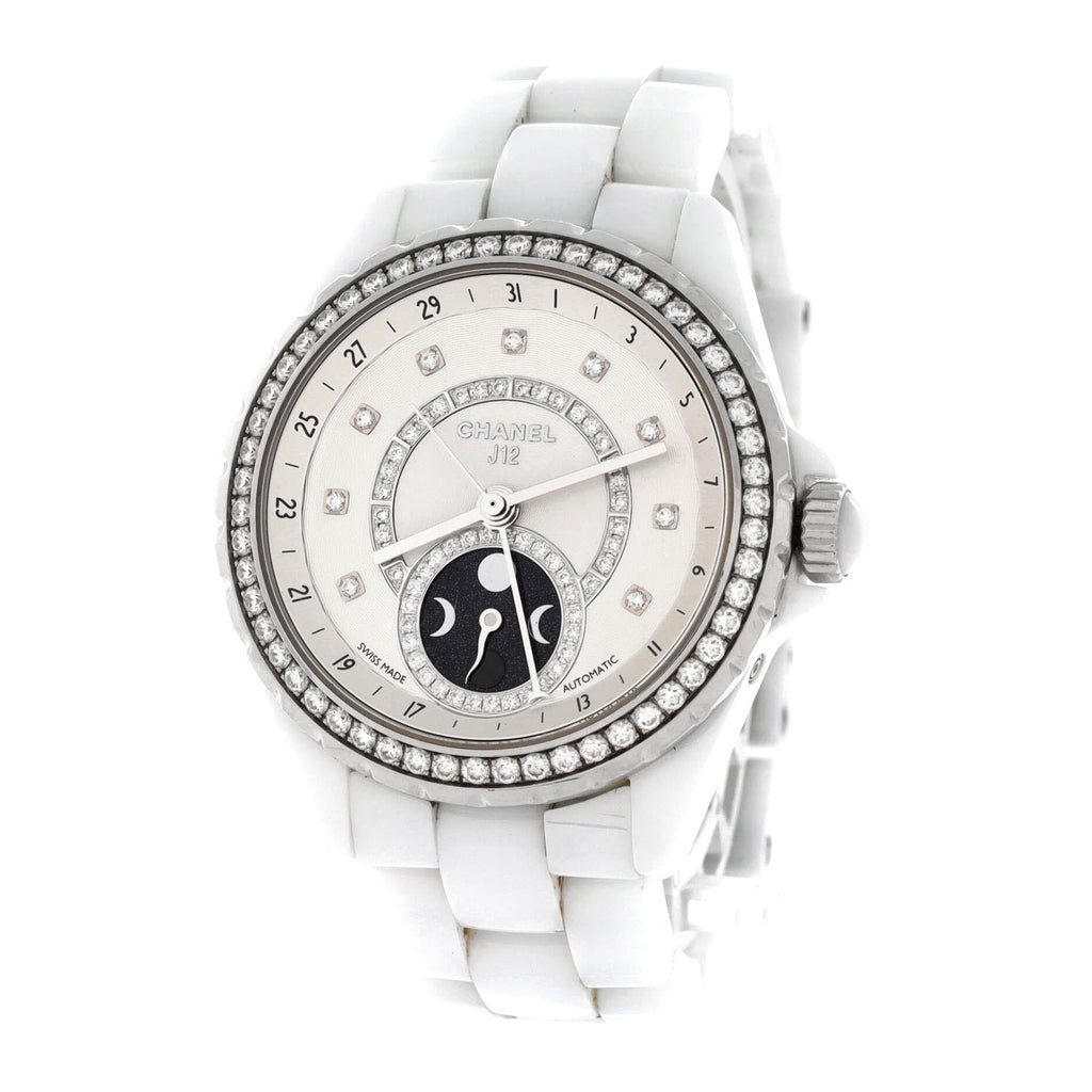 J12 Moonphase Automatic Watch Ceramic and Stainless Steel with Diamond Bezel, Dial and Markers 38