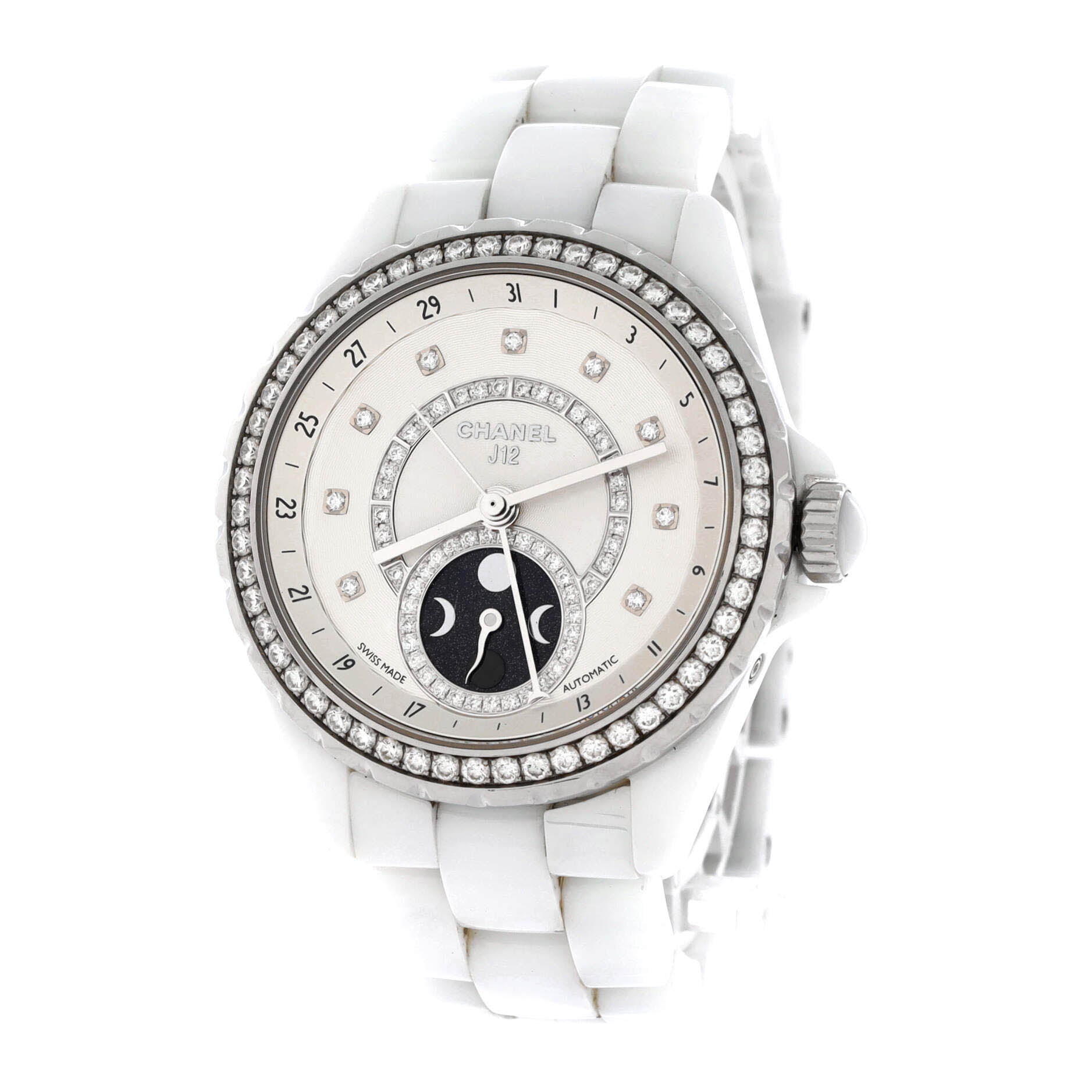 J12 Moonphase Automatic Watch Ceramic and Stainless Steel with Diamond Bezel, Dial and Markers 38
