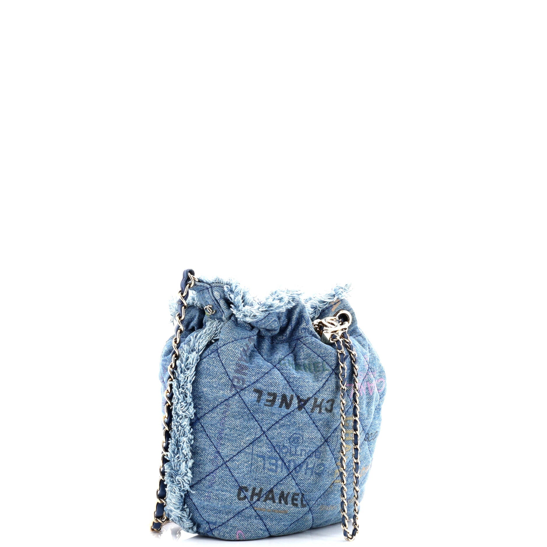 Denim Mood Chain Bucket Bag Logo Printed Quilted Fringe Denim Medium