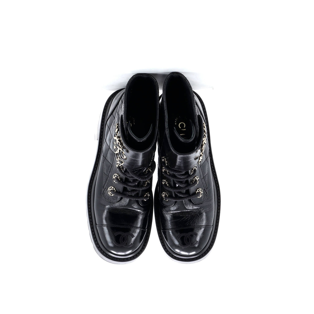 Women's Chain CC Cap Toe Lace Up Combat Boots Quilted Shiny Calfskin