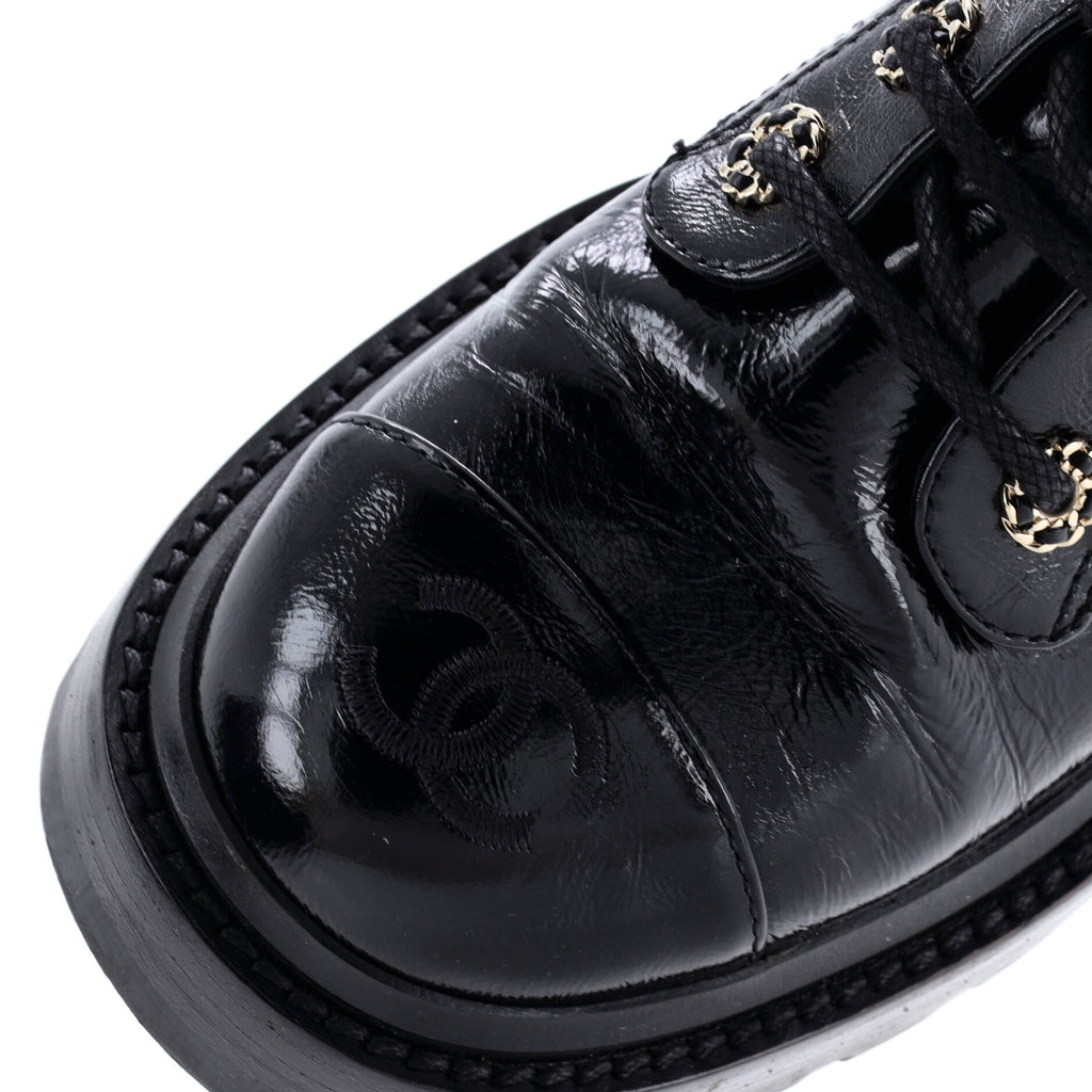 Women's Chain CC Cap Toe Lace Up Combat Boots Quilted Shiny Calfskin