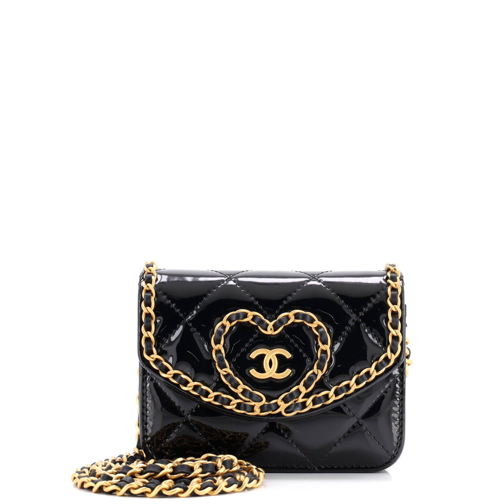 Heart Chain Flap Bag Quilted Patent Mini