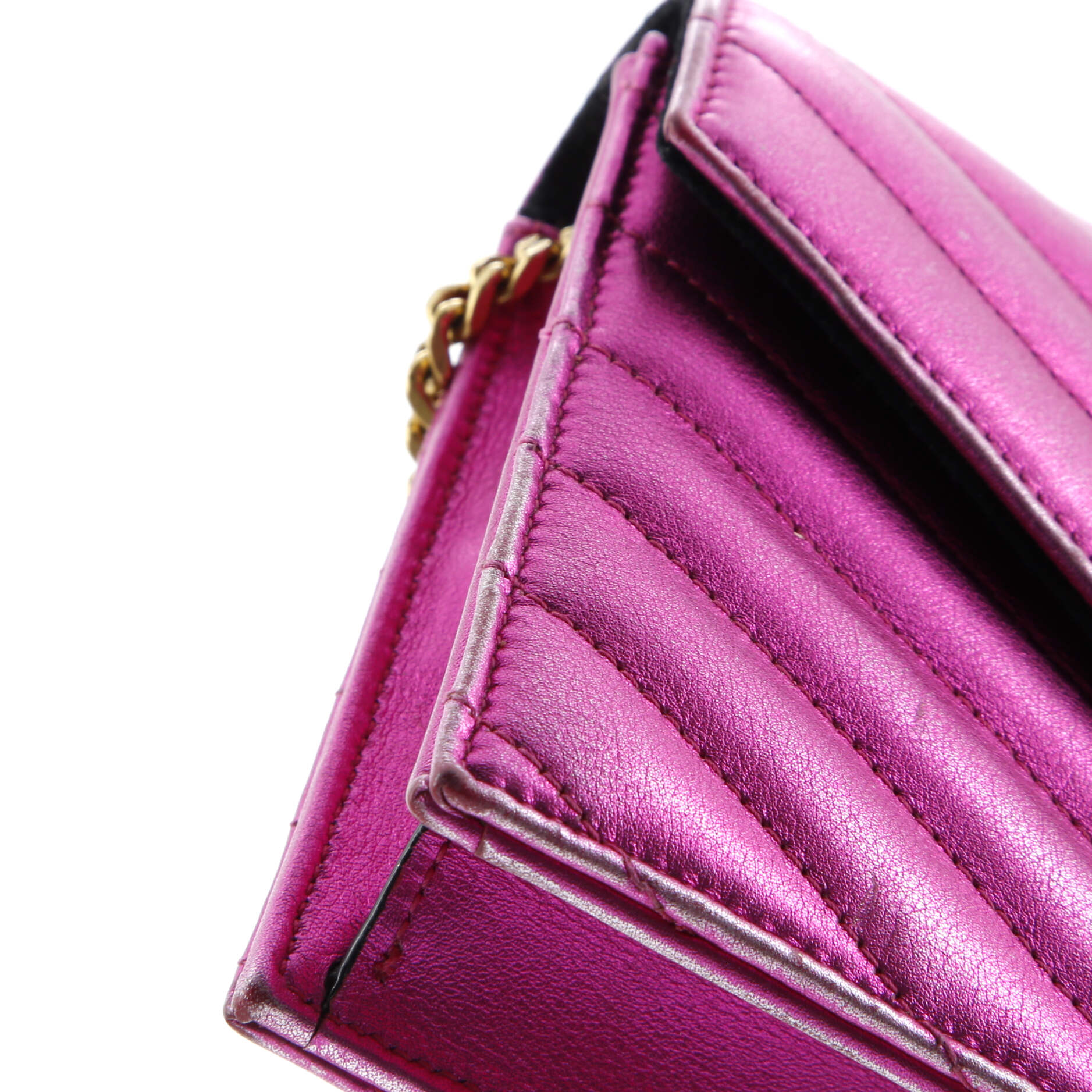 Classic Monogram Wallet on Chain Matelasse Chevron Metallic Leather Small