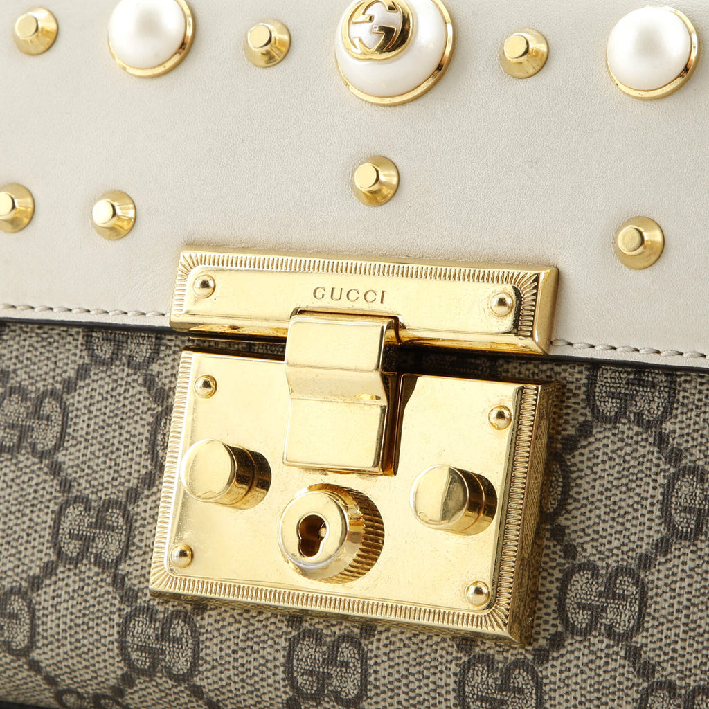 Pearly Padlock Shoulder Bag GG Coated Canvas with Studded Leather Small