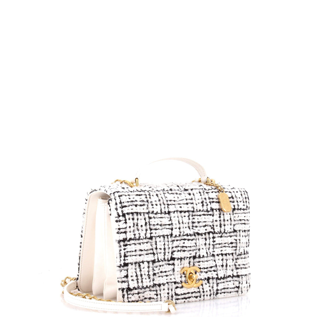 CC Top Handle Chain Full Flap Bag Quilted Tweed and Sequins with Lambskin Small