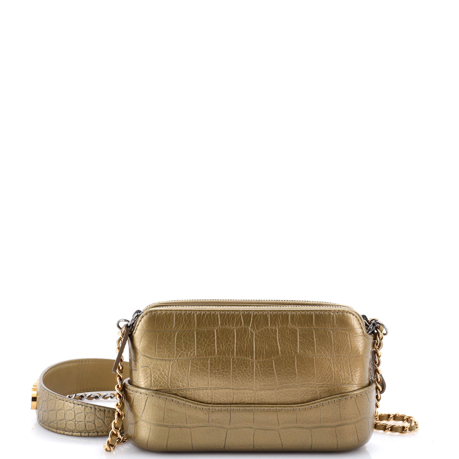 Gabrielle Logo Handle Double Zip Clutch with Chain Crocodile Embossed Calfskin