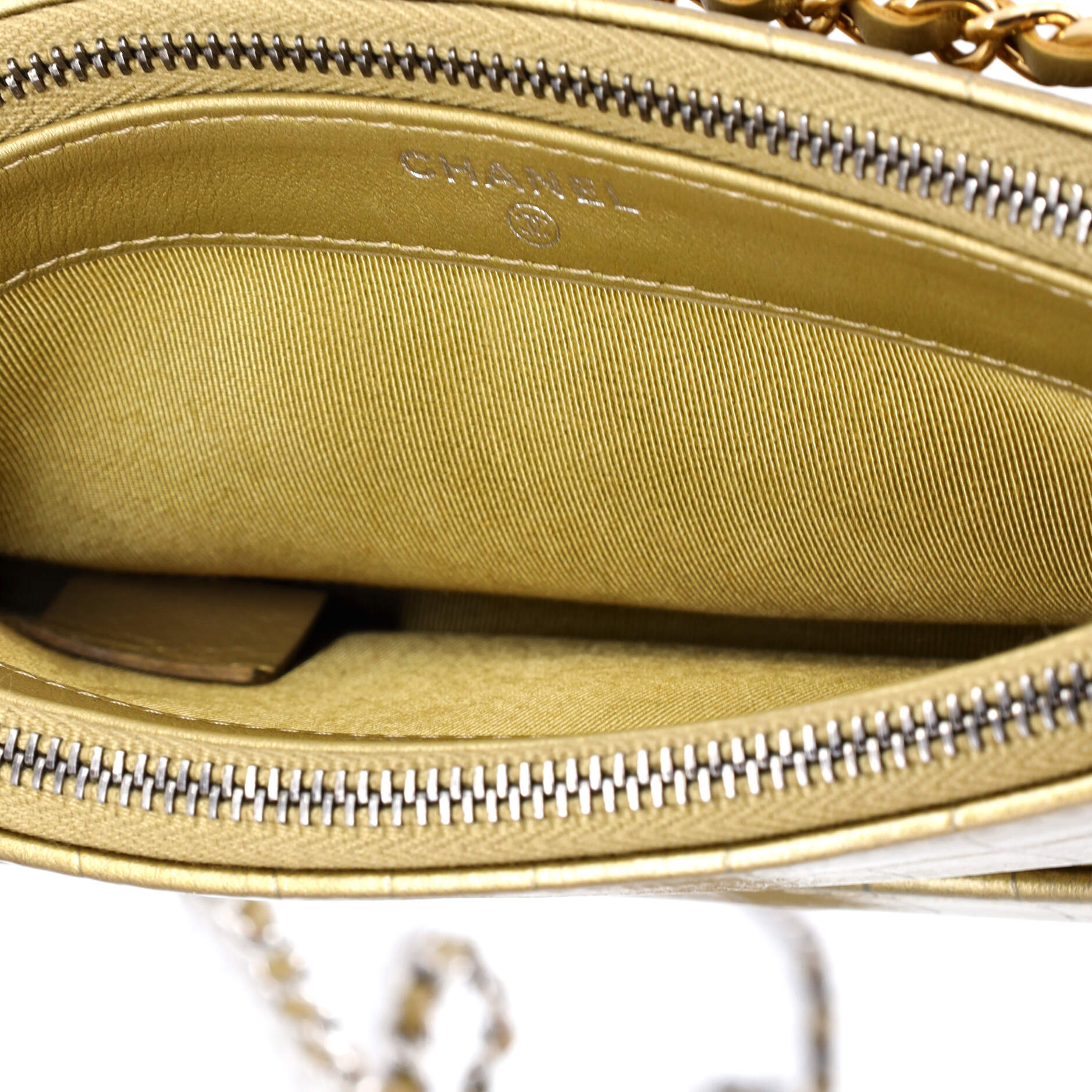 Gabrielle Logo Handle Double Zip Clutch with Chain Crocodile Embossed Calfskin