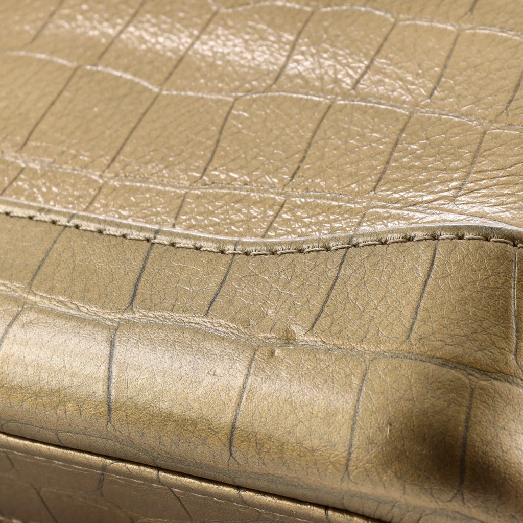 Gabrielle Logo Handle Double Zip Clutch with Chain Crocodile Embossed Calfskin
