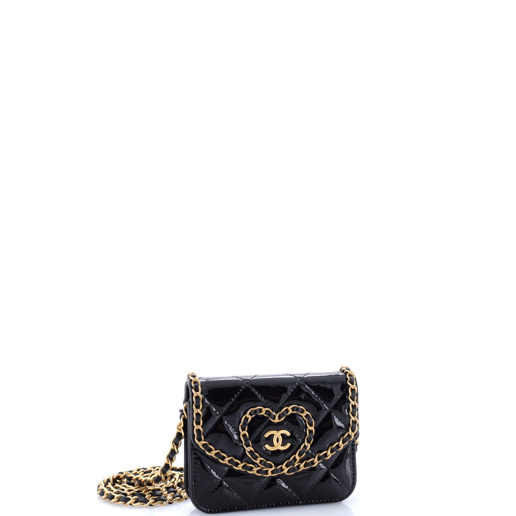 Heart Chain Flap Bag Quilted Patent Mini