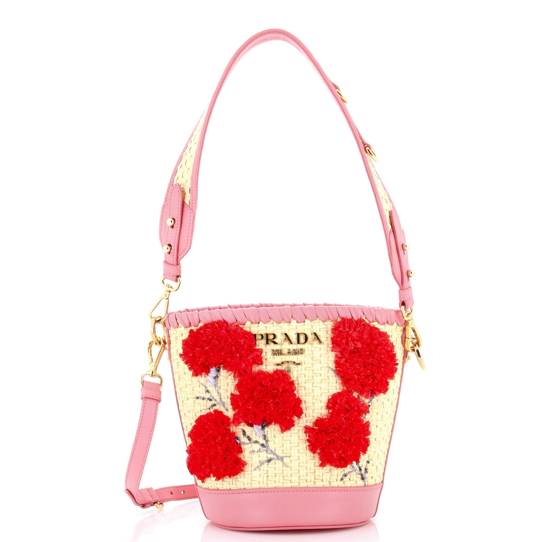 Bucket Bag Woven Raffia with Leather with Applique Small