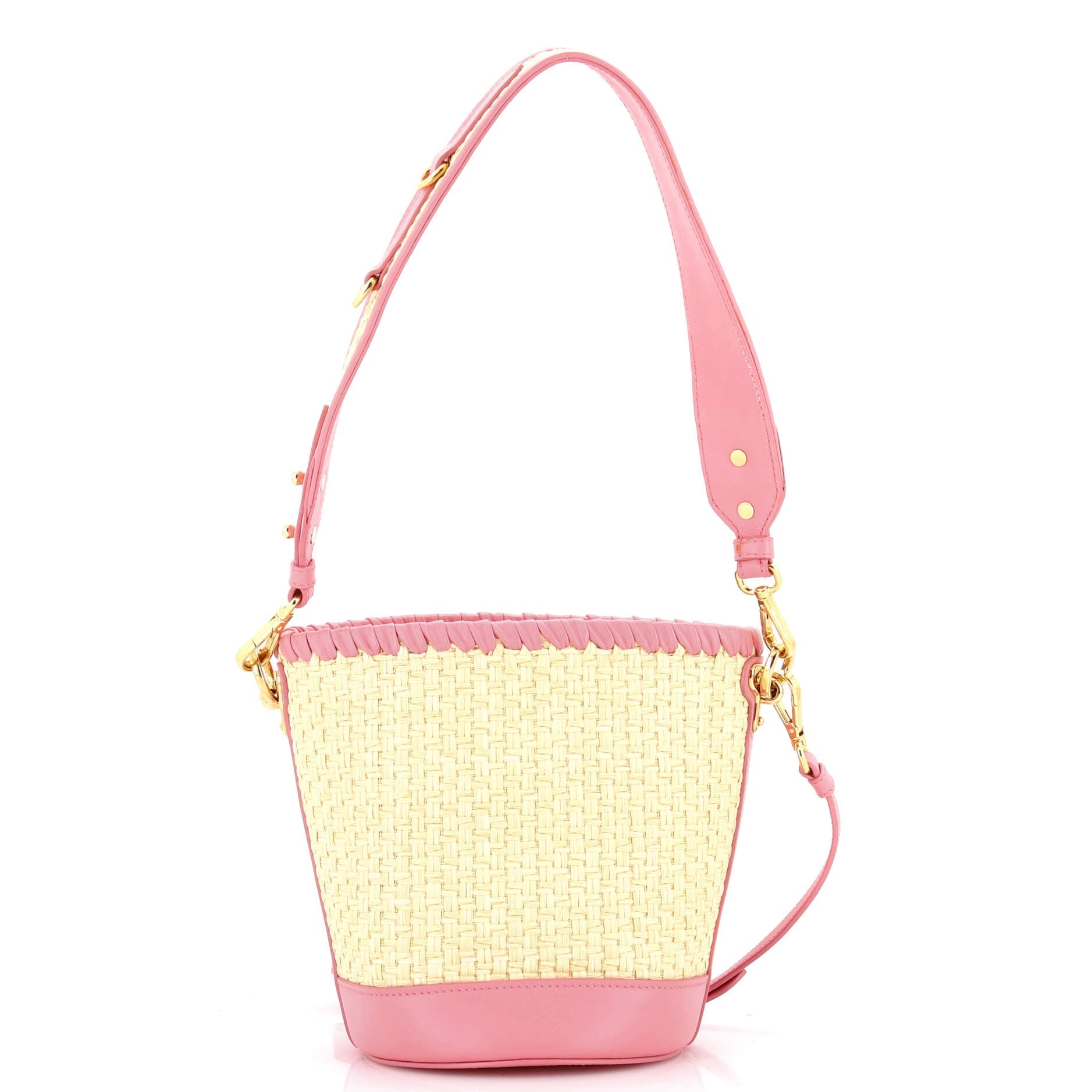 Bucket Bag Woven Raffia with Leather with Applique Small