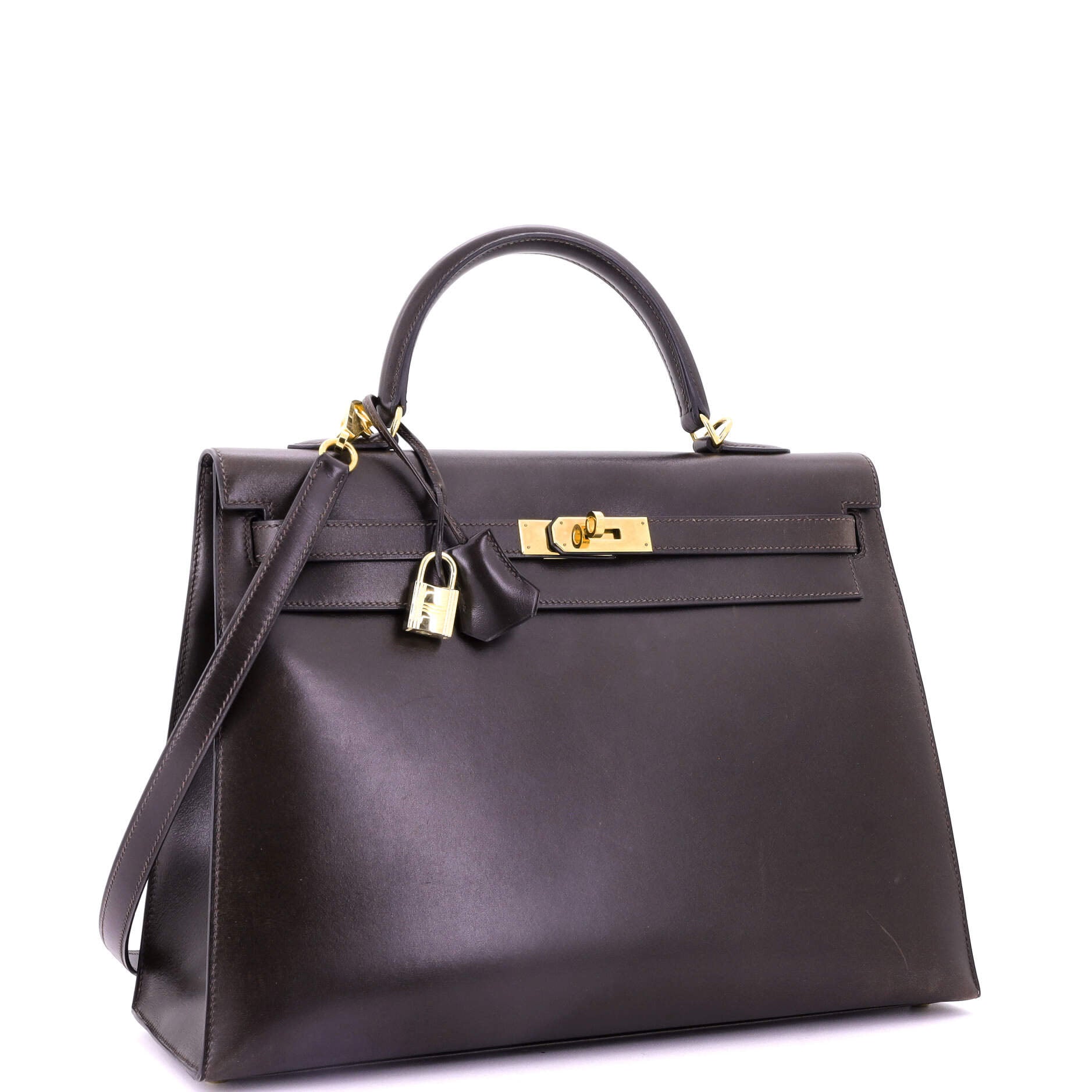 Kelly Handbag Ebene Box Calf with Gold Hardware 35