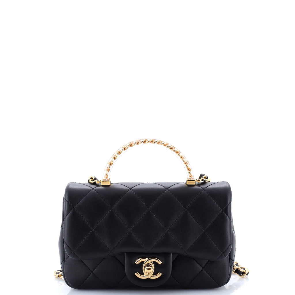 Crystal Chain Flap Top Handle Bag Quilted Lambskin Small