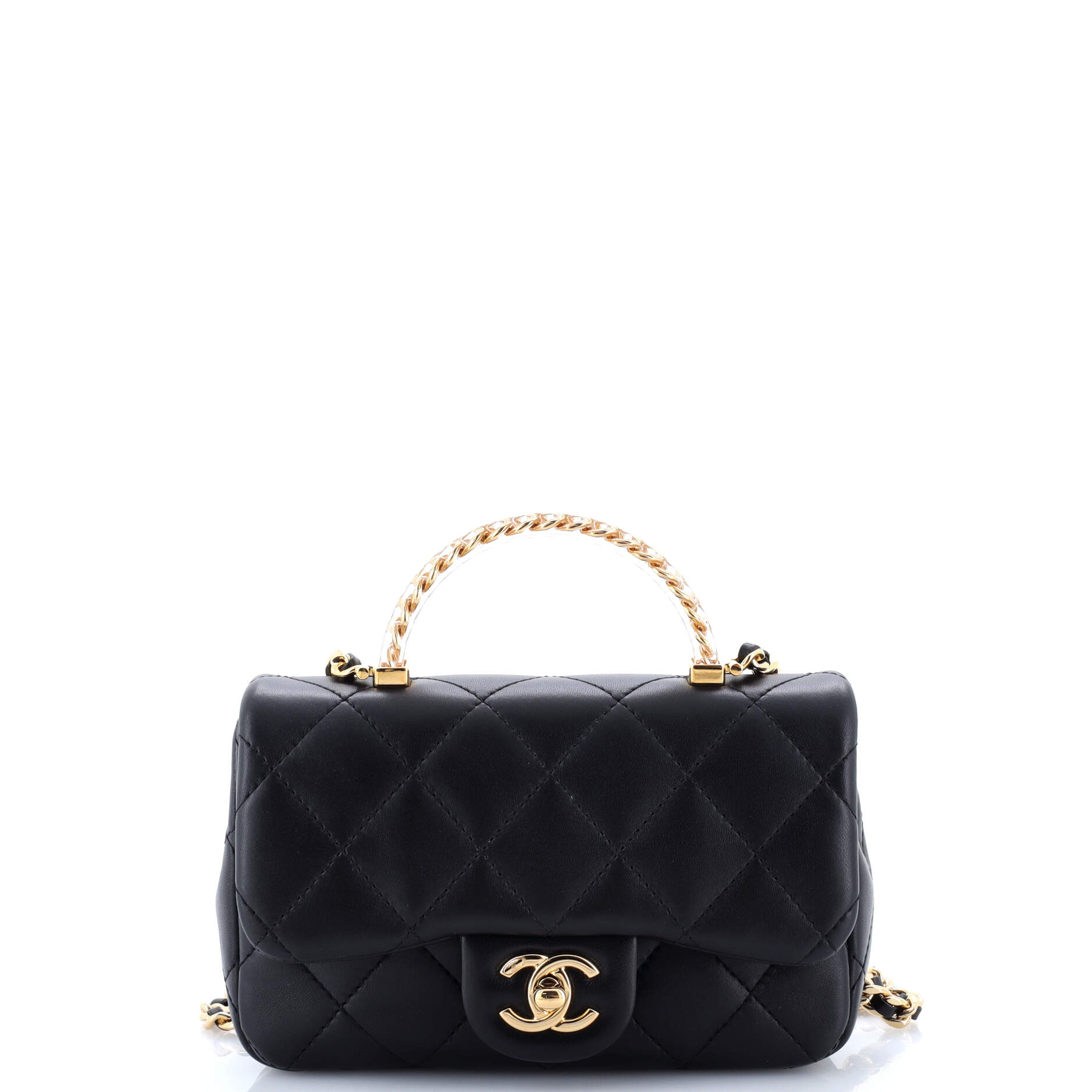 Crystal Chain Flap Top Handle Bag Quilted Lambskin Small