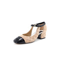 Women's CC Cap Toe Ankle Strap Flats Quilted Suede with Patent