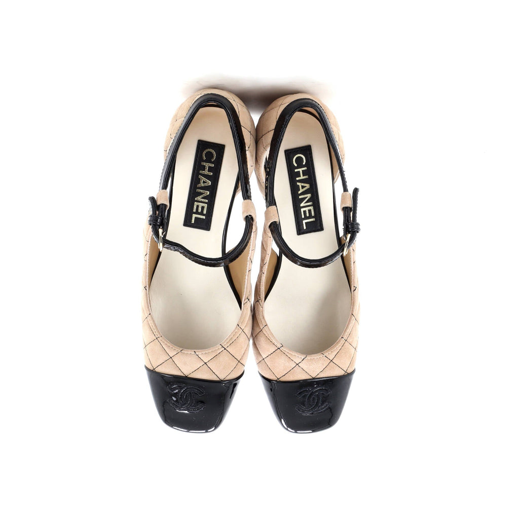 Women's CC Cap Toe Ankle Strap Flats Quilted Suede with Patent