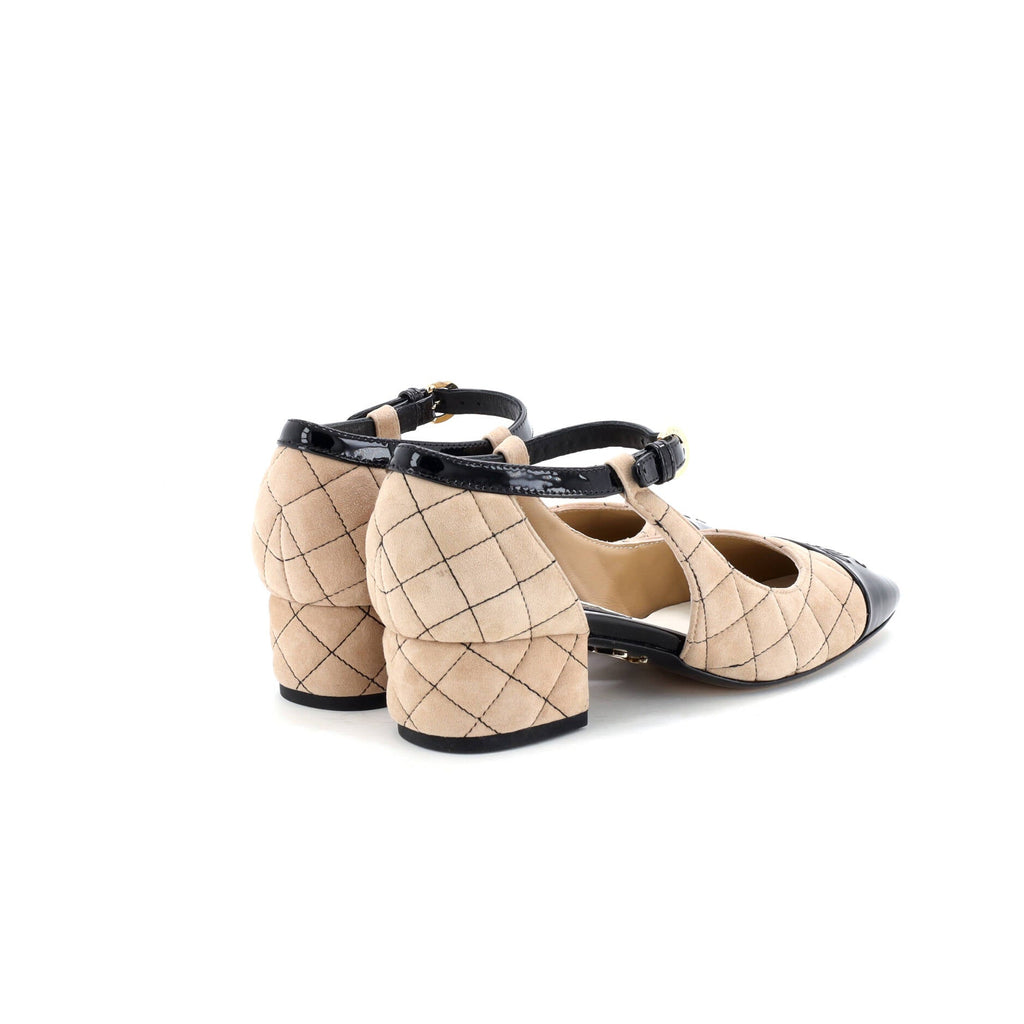 Women's CC Cap Toe Ankle Strap Flats Quilted Suede with Patent