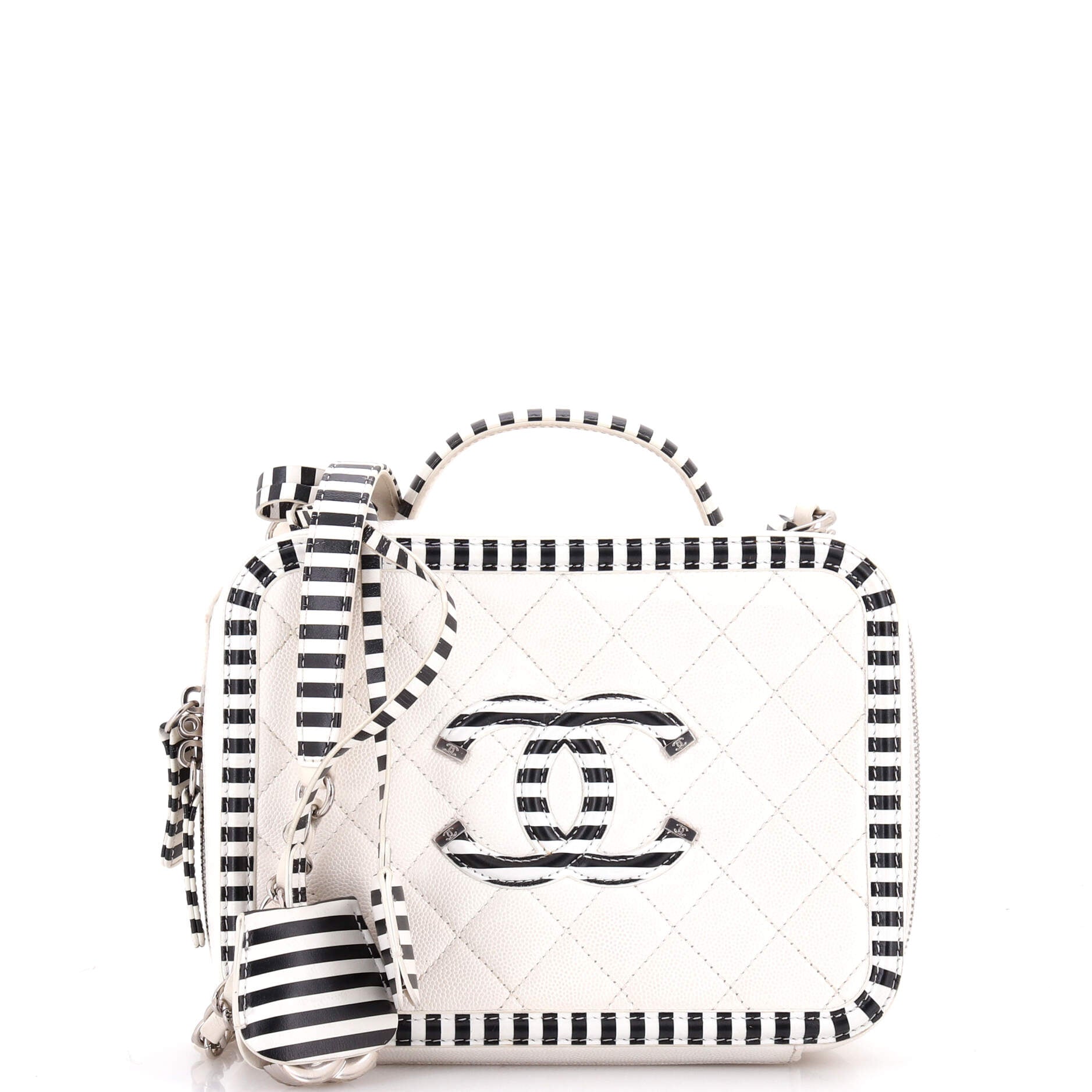 Filigree Vanity Case Quilted Caviar with Striped Leather Medium