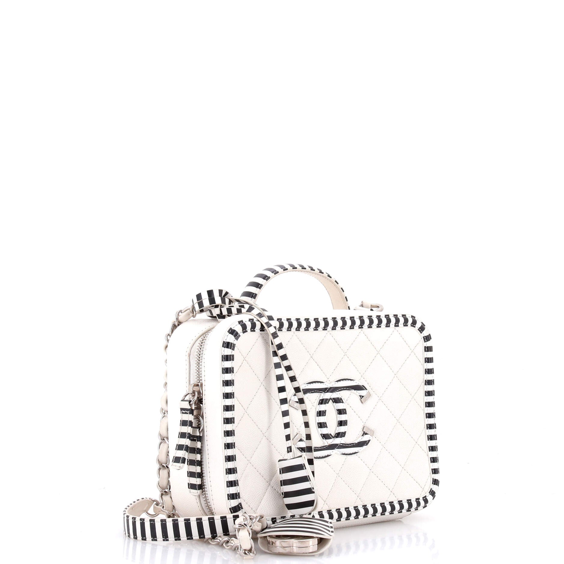 Filigree Vanity Case Quilted Caviar with Striped Leather Medium