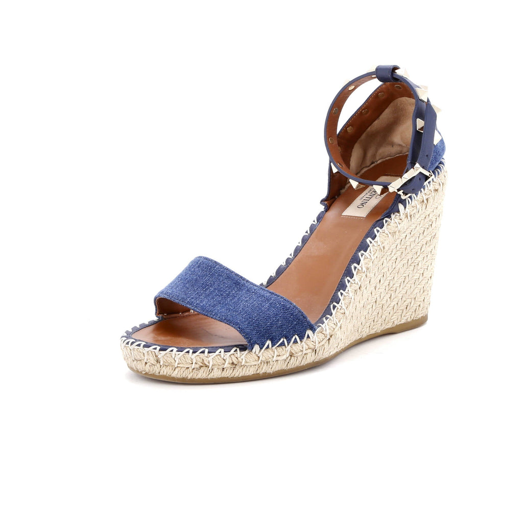 Women's Rockstud Ankle Strap Double Wedge Sandals Denim