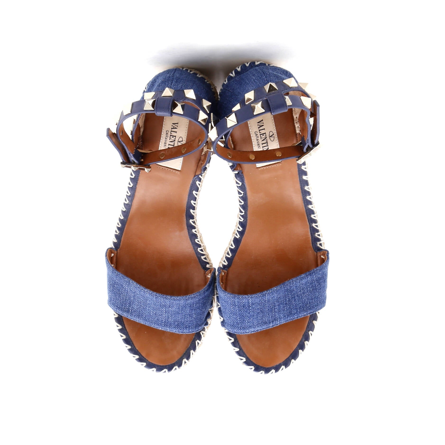 Women's Rockstud Ankle Strap Double Wedge Sandals Denim