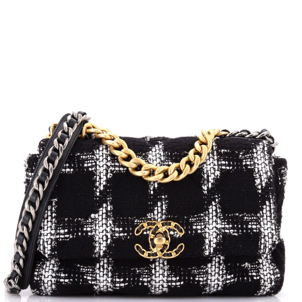 19 Flap Bag Quilted Houndstooth Tweed and Ribbon Medium