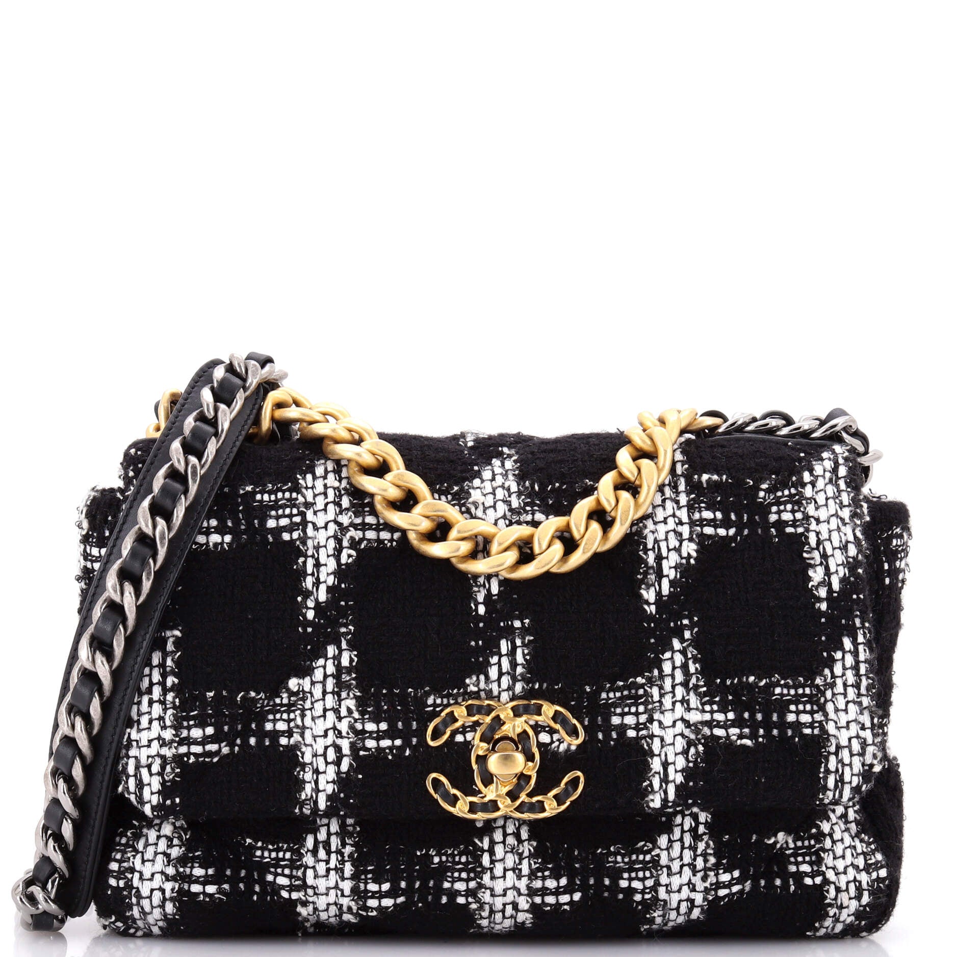 19 Flap Bag Quilted Houndstooth Tweed and Ribbon Medium