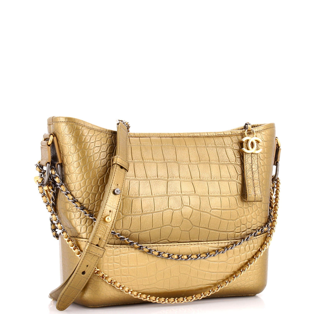 Gabrielle Hobo with Logo Handle Crocodile Embossed Calfskin Medium