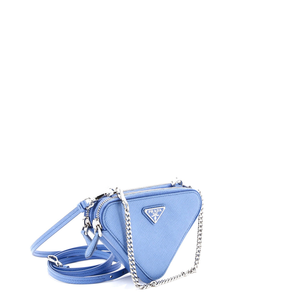 Triangle Double Zip Pouch Bag with Chain Saffiano Leather Mini