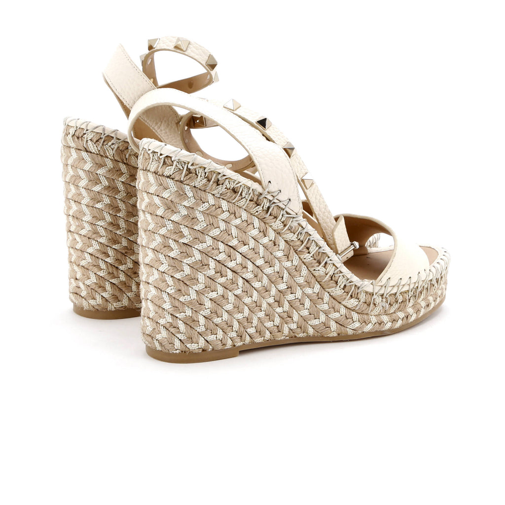 Women's Rockstud Ankle Strap Double Wedge Sandals Leather