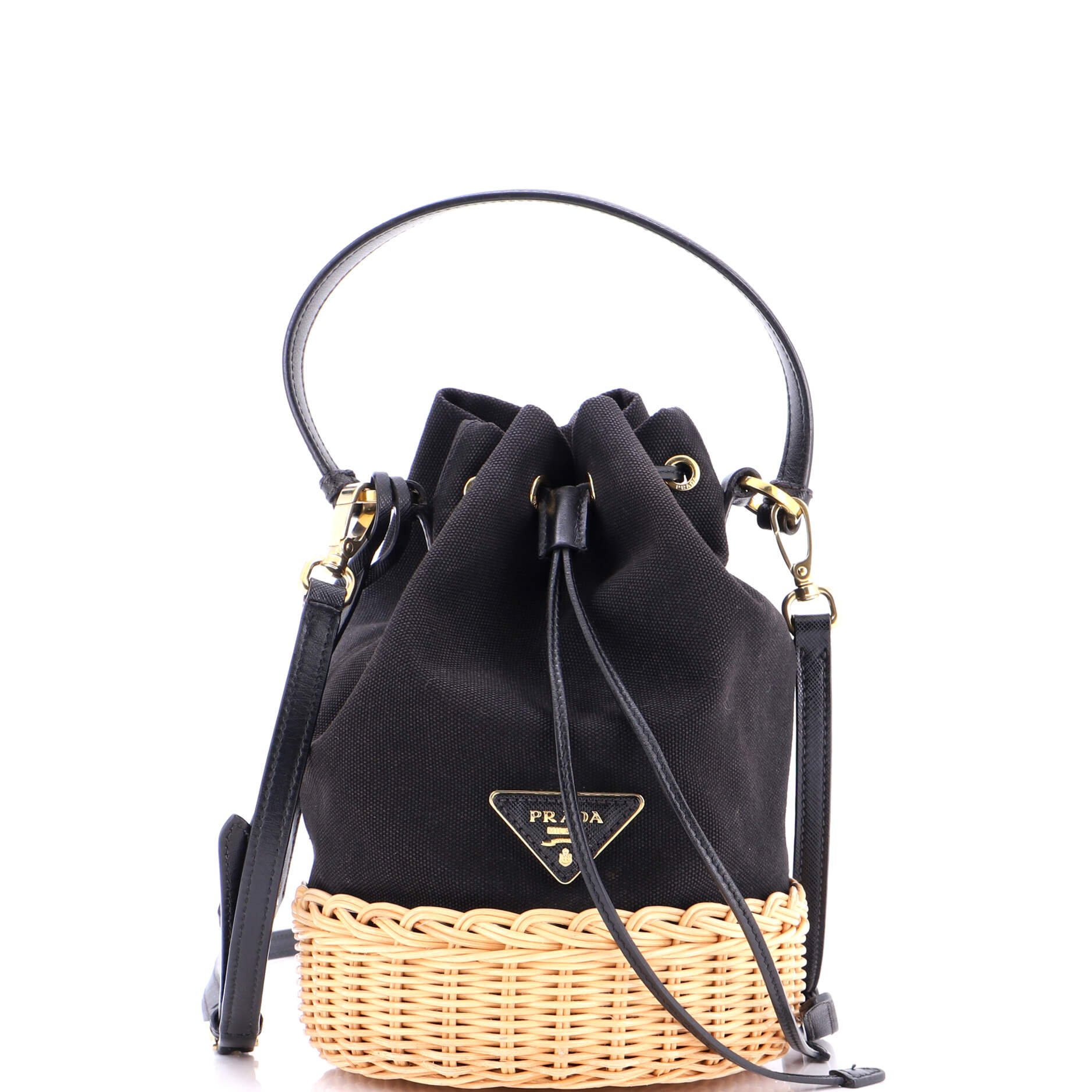 Drawstring Bucket Bag Canvas and Wicker Small