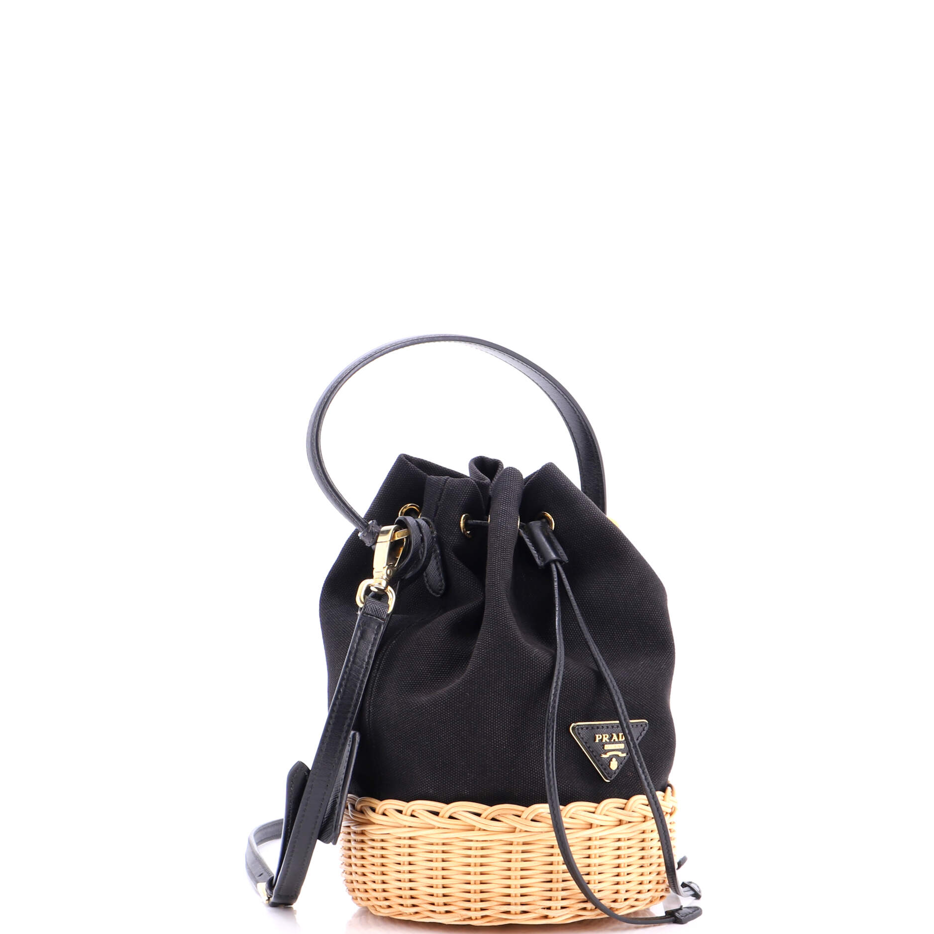 Drawstring Bucket Bag Canvas and Wicker Small