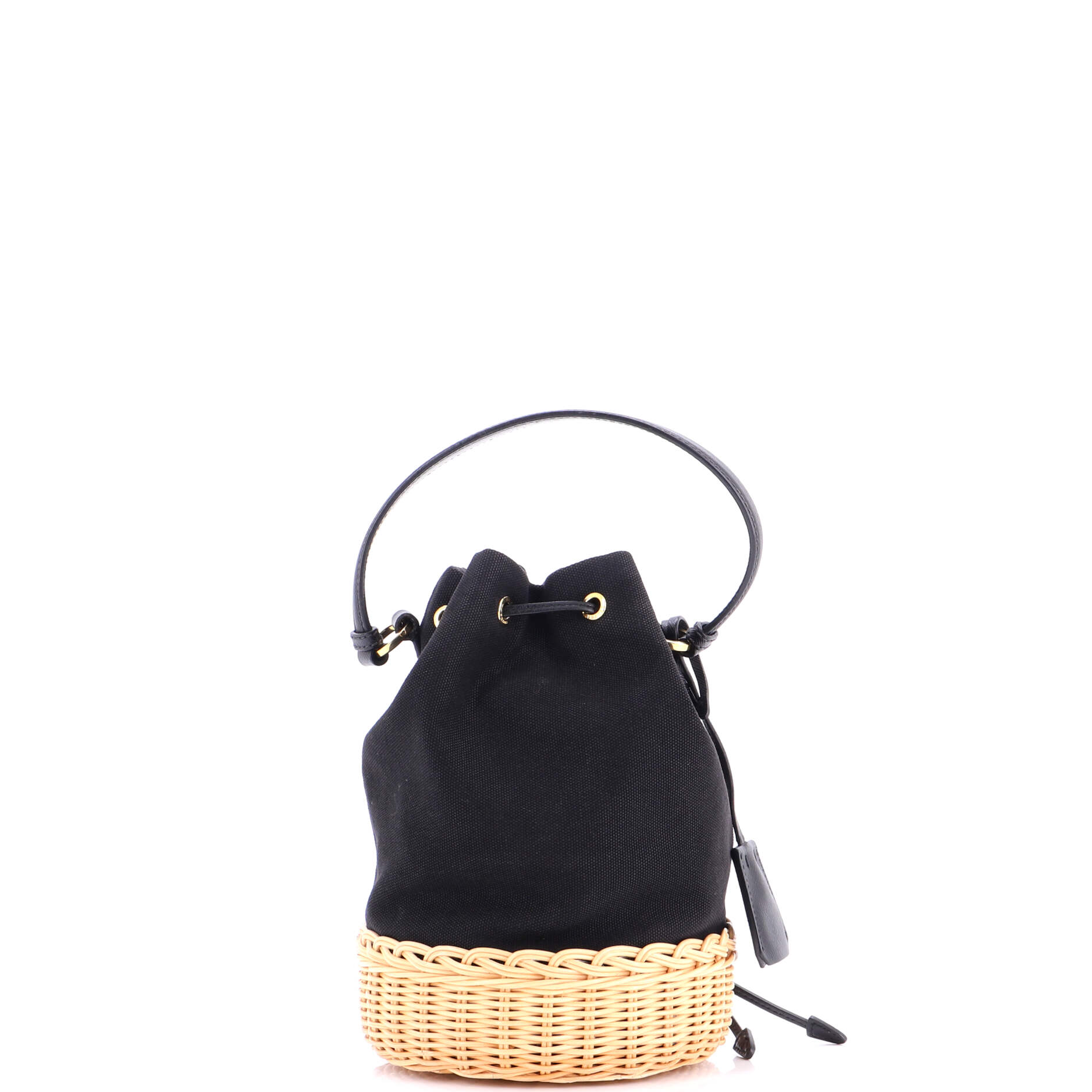 Drawstring Bucket Bag Canvas and Wicker Small