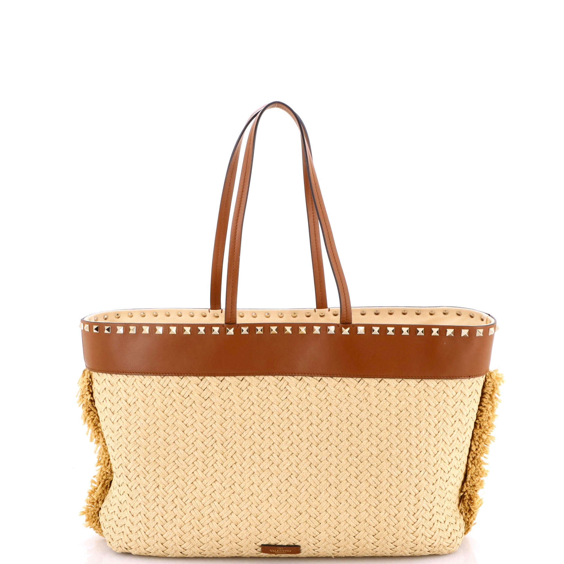 Rockstud Shopping Tote Raffia with Leather Large
