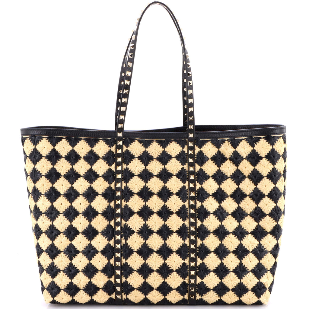 Rockstud Shopping Bag Check Embroidered Raffia Large