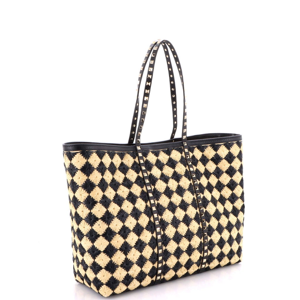 Rockstud Shopping Bag Check Embroidered Raffia Large