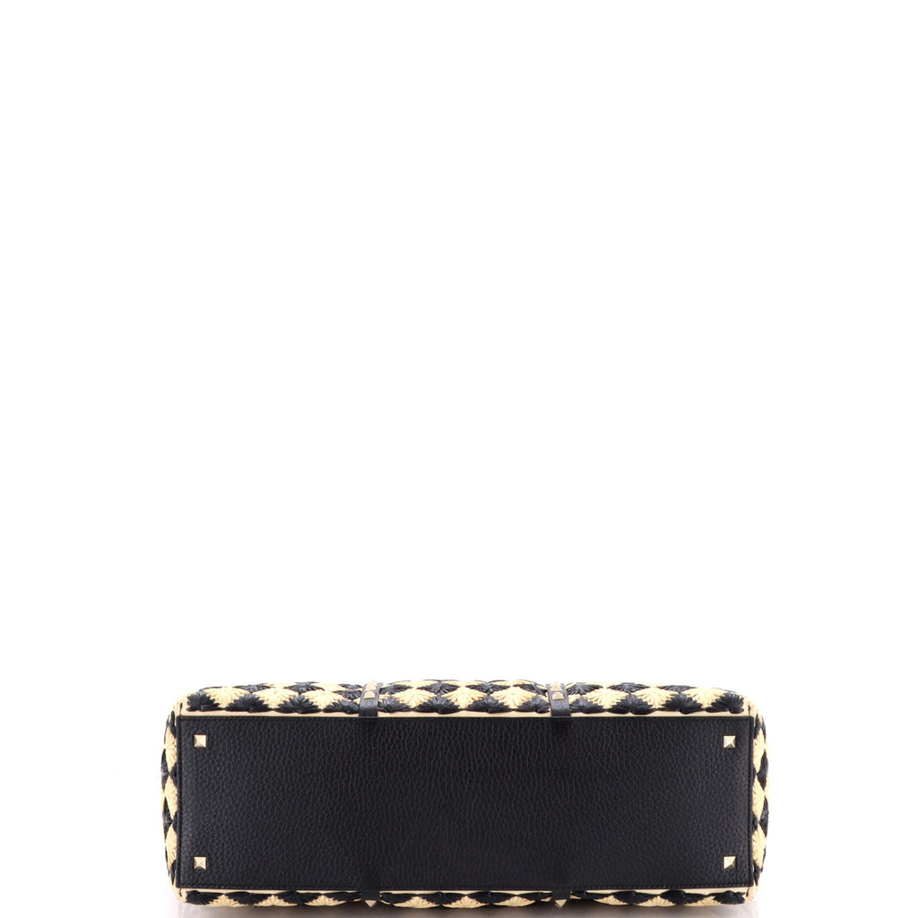 Rockstud Shopping Bag Check Embroidered Raffia Large