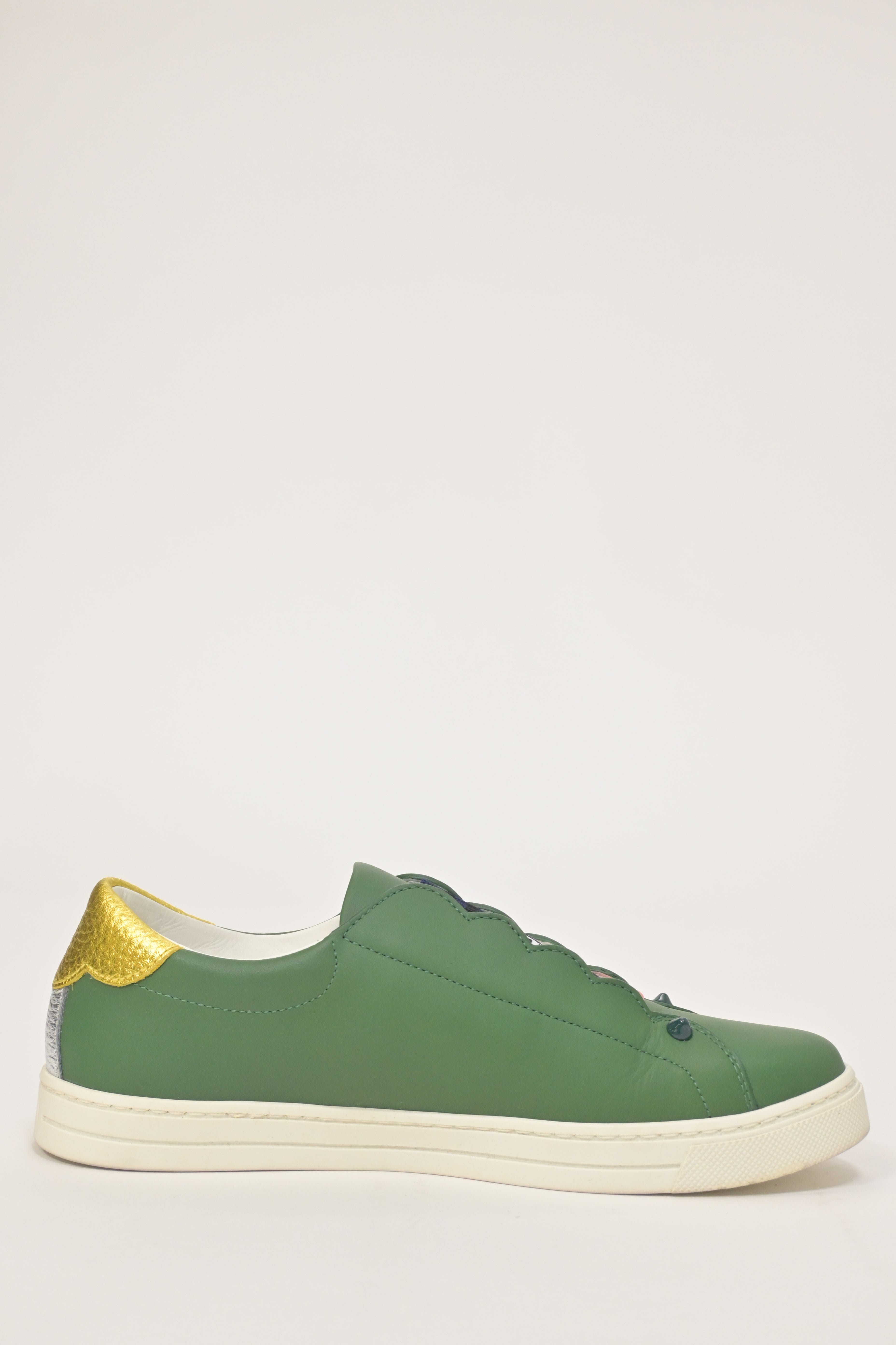 Fendi Vitello Lurex Rockoclick Slip-On Sneakers in Olive Green Leather